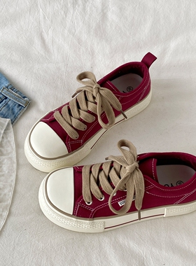 喜叔小众红色芒果头帆布鞋款春秋复古百搭学生板鞋厚底休闲运动鞋
