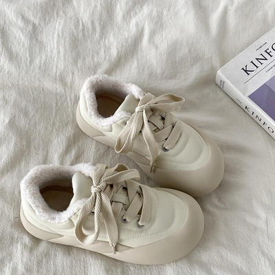 丑萌厚底加绒小白鞋冬天保暖棉鞋