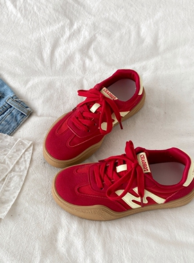喜叔小众设计感红色德训鞋女2026春季新款厚底板鞋复古休闲运动鞋