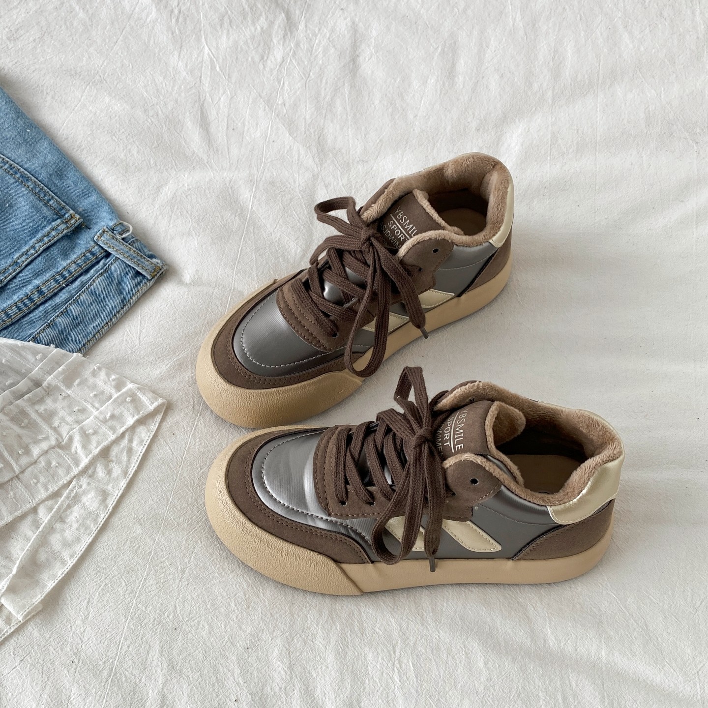 复古棕色厚底二棉鞋高帮加绒板鞋