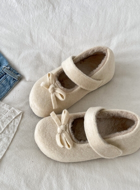 喜叔 白色厚底加绒玛丽珍毛毛鞋女外穿2025新款冬季保暖勃肯棉鞋