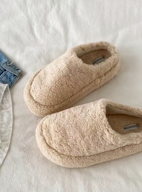 喜叔 复古白色厚底毛毛拖鞋女2025新款秋冬外穿一脚蹬保暖棉拖鞋