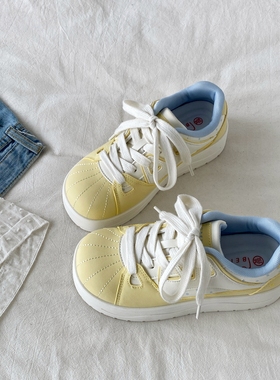 喜叔丑萌黄色贝壳头板鞋女2026春季新款厚底小白鞋运动休闲面包鞋