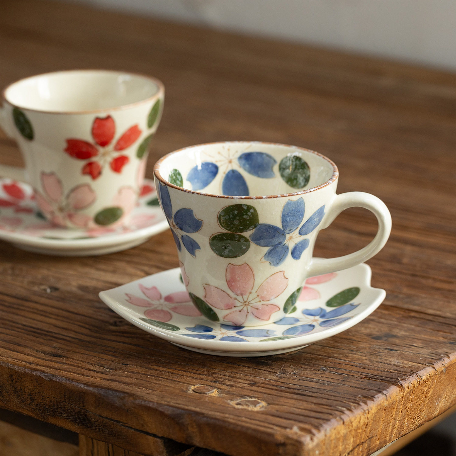 Shpin Xh日本进口濑户烧手绘樱花咖啡杯套装复古红茶杯配碟水杯