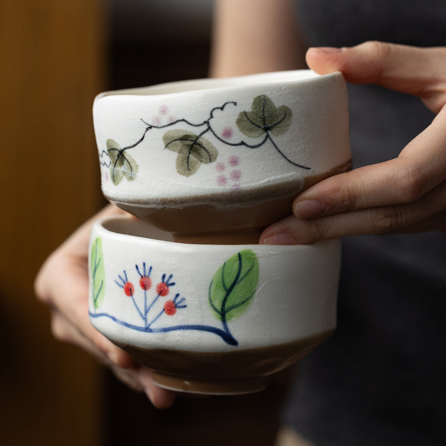 日本进口美浓烧粗陶磨砂赤绘樱花水杯日式抹茶杯甜品碗家用蒸蛋碗