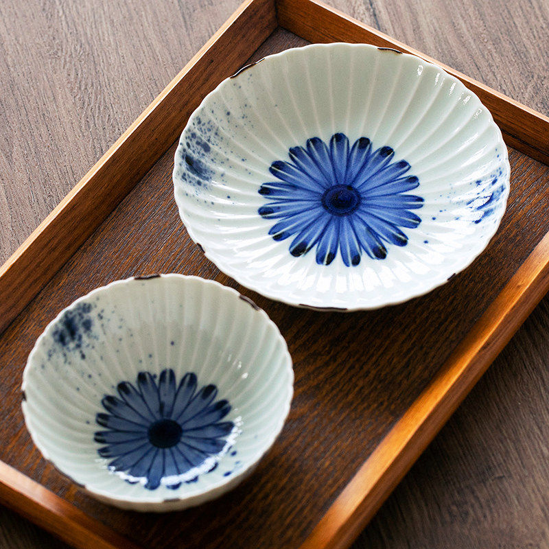 日本有田烧 青花盘子吹墨手绘小碗点心碟子日式家用料理碗盘 Xh