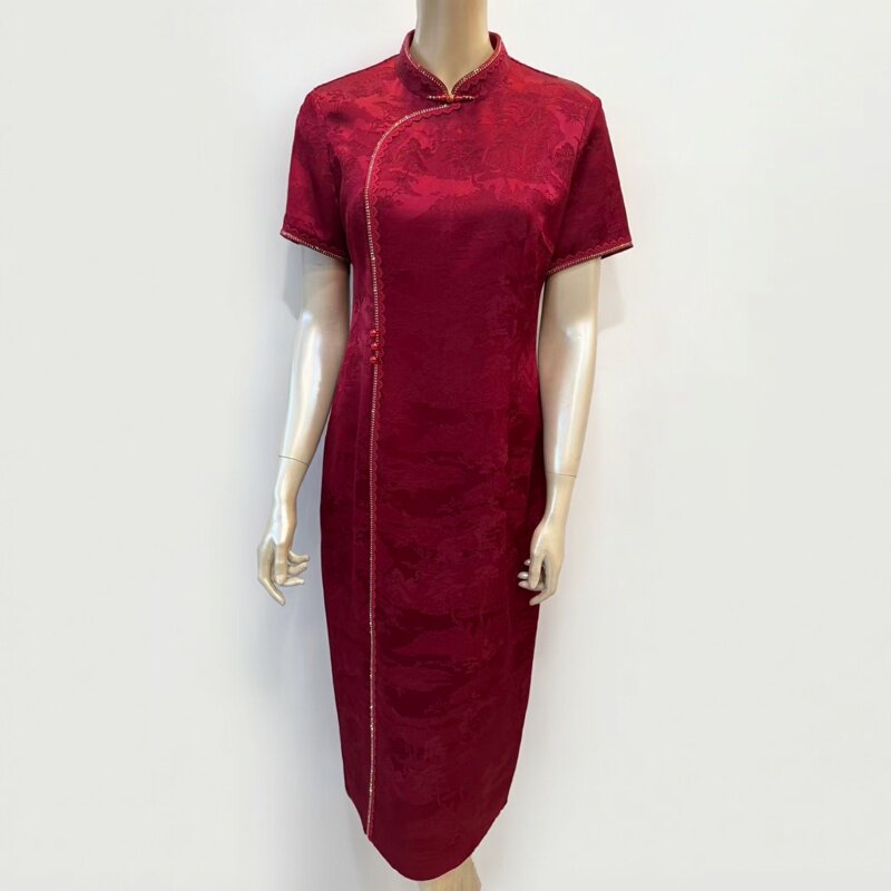 高贵气质国风改良旗袍喜妈妈婚礼服醋酸段面连衣裙子喜婆婆婚宴装