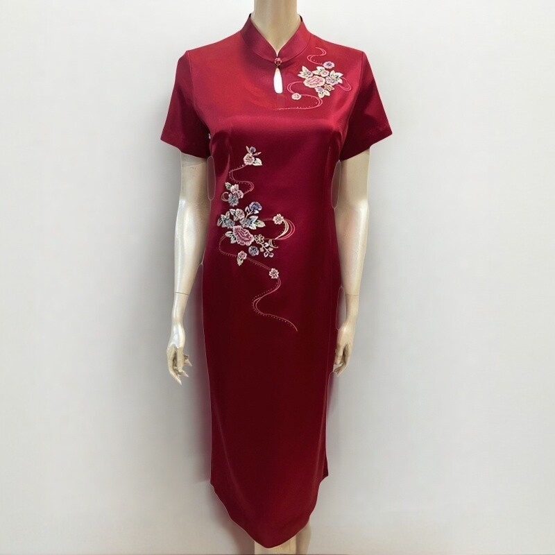 喜婆婆高端醋酸缎刺绣改良旗袍裙