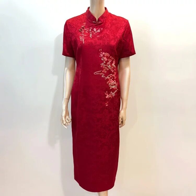 高端醋酸缎面改良旗袍礼服立领重工刺绣提花喜妈妈婚宴气质连衣裙
