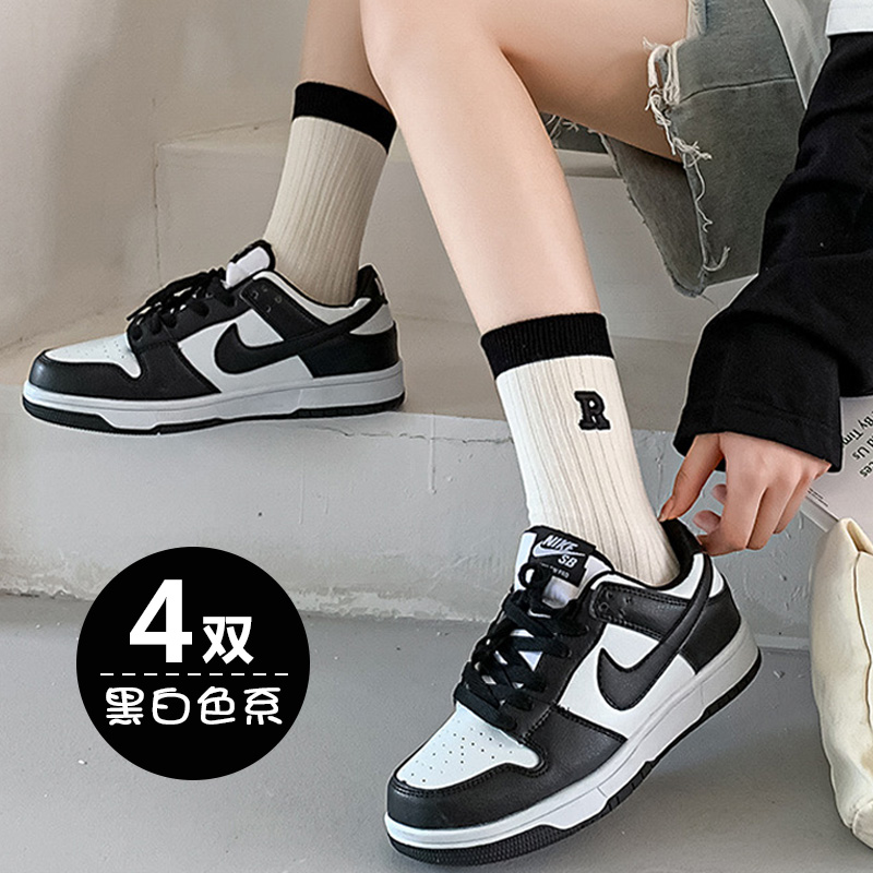 中长筒袜子女黑白色棉袜春秋款搭配运动鞋老爹鞋ins潮外穿好看的