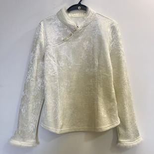 2025秋冬新款新中式风加绒立领斜襟盘扣提花上衣女长袖显瘦百搭