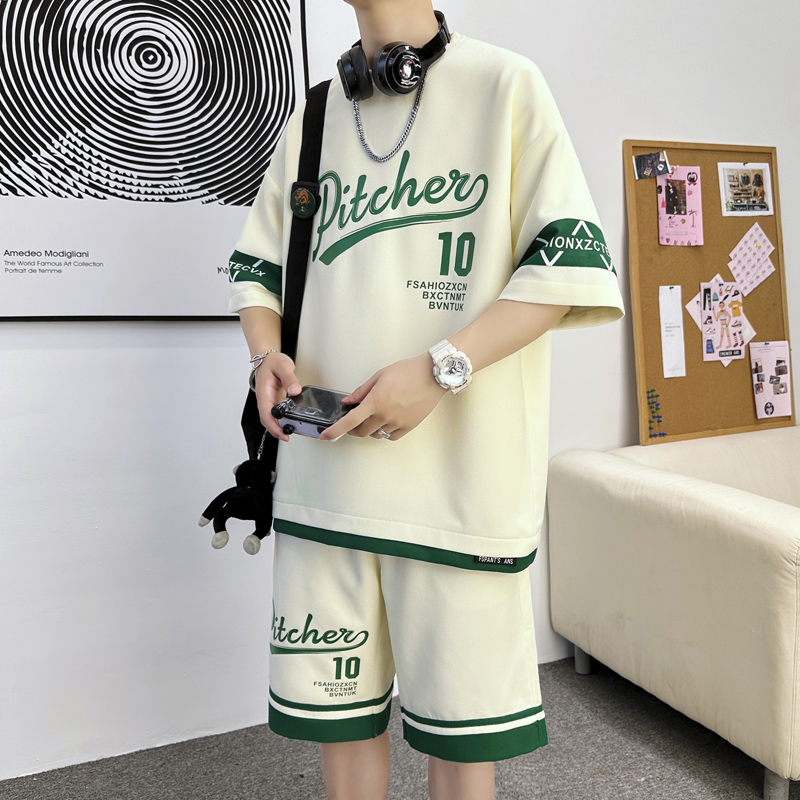 夏季新款青少年短袖T恤男生潮流短裤两件套装透气华夫格一套搭配