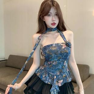 法式蝴蝶花朵印花抹胸背心女夏季辣妹一字肩挂脖短款绝美上衣外穿