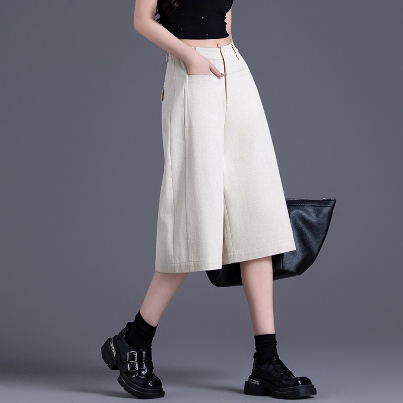潮牌简约百搭六分裤七分阔腿牛仔裤女米白色短裤高腰宽松直筒中裤