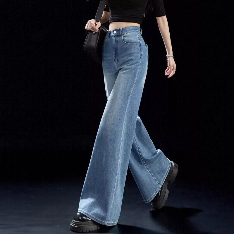 潮牌舒适时尚蓝色微喇牛仔裤女士新款裤子显瘦高腰宽松直筒喇叭裤