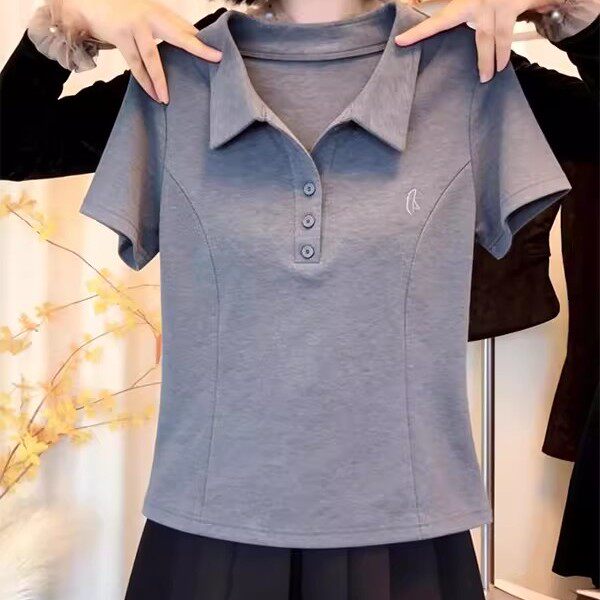 潮牌简约百搭新品休闲POLO领短袖女灰色收腰显瘦大码简约穿搭上衣