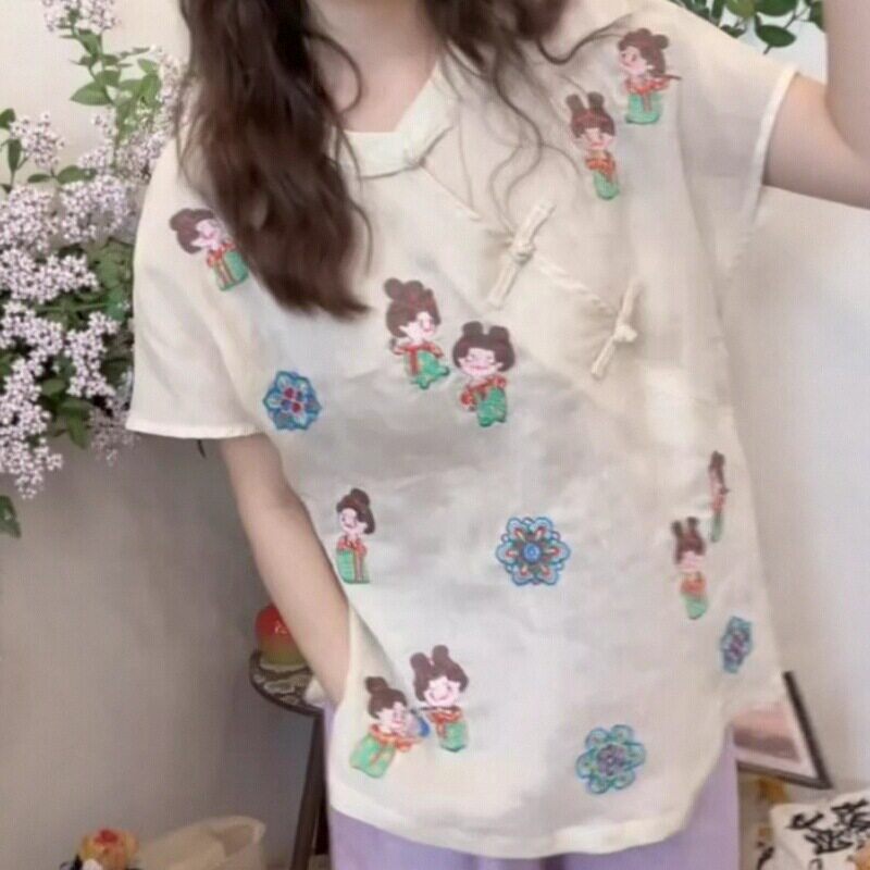潮牌新中式印花衬衫国风白色小糖人女小个子绝美漂亮上衣唐装汉服