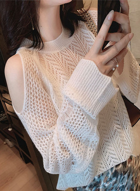 潮牌针织衫女新款小心机镂空露肩软糯小众显瘦百搭甜美慵懒风上衣