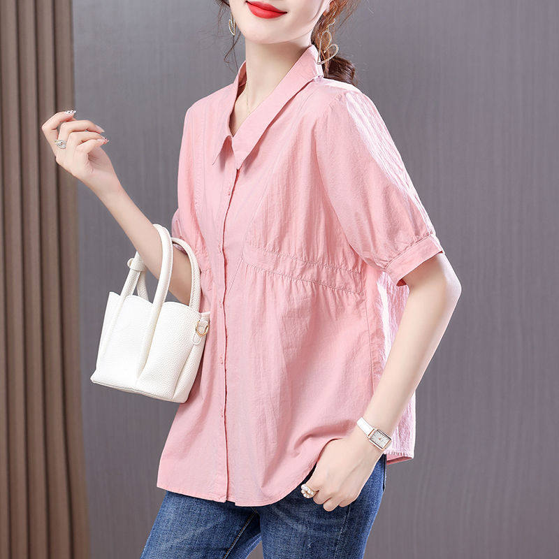 纯棉2023夏大码女装新款女士短袖衬衫雪纺遮肚子上衣小众洋气气质 - 掌铺大工厂出品