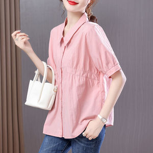 纯棉2023夏大码女装新款女士短袖衬衫雪纺遮肚子上衣小众洋气气质