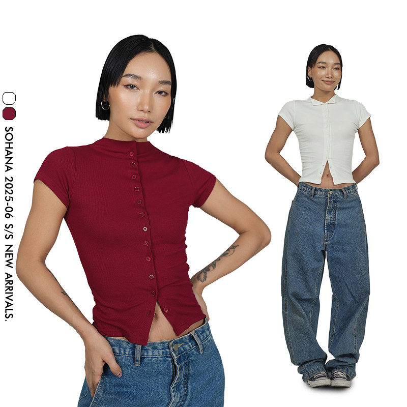 王润SOHANA25夏 螺纹凉感面料纽扣美式复古随性T恤女上衣