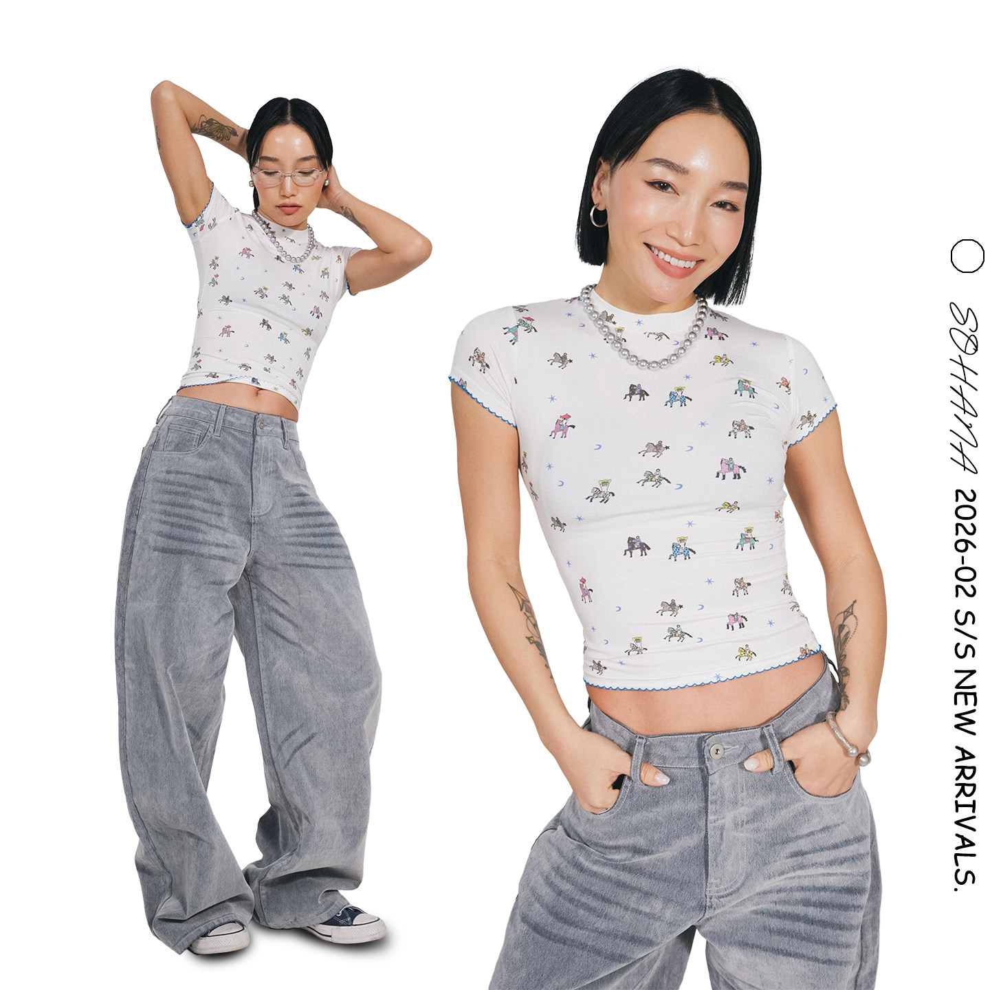 王润SOHANA2026春季上新 原创新年小马弹力可爱印花短袖T恤