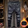 Jeans Chaopai hole Easy Straight Plush thickening Korean Edition Self cultivation Feet trousers 2019 New winter