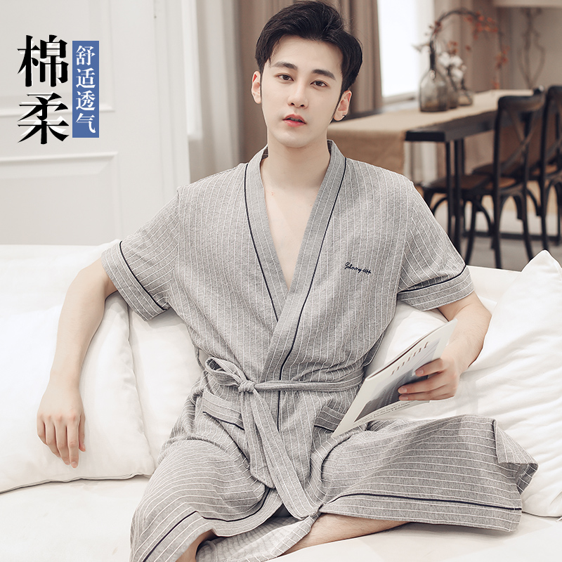 尚致睡袍男夏季纯棉短袖薄款睡衣男士浴袍浴衣大码休闲全棉家居服