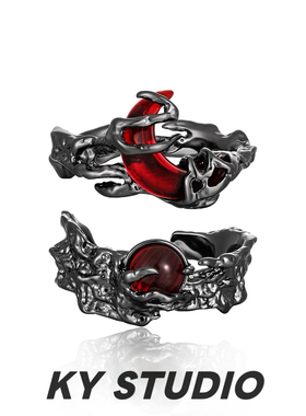 暗黑风血月液态时尚复古不规则缠绕小众设计开口戒指肌理小众