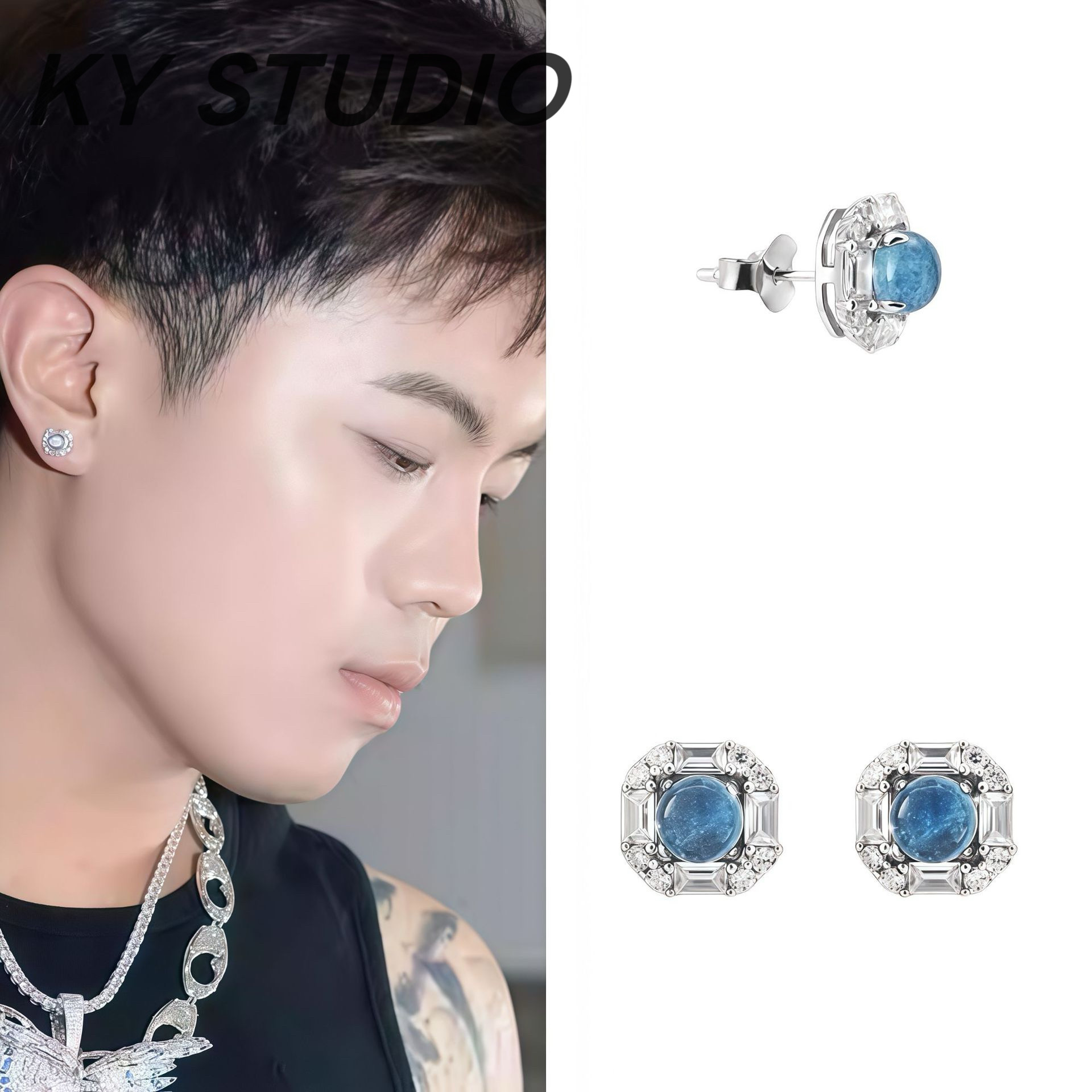 JinJiBeWater_隼同款 S925银针耳钉女海蓝宝美式嘻哈锆石耳钉潮男,饰品/流行首饰/时尚饰品新,银饰耳饰,淘宝优惠券,粉丝福利购,淘宝优惠卷