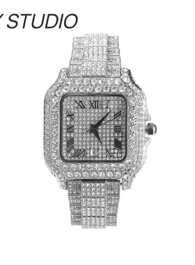嘻哈方形镶钻手表男满钻罗马刻度时尚轻奢高级感大盘潮牌腕表男