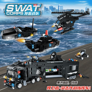 沃马城市警捍卫者突击作战移动指挥车直升机飞机男孩拼装积木玩具