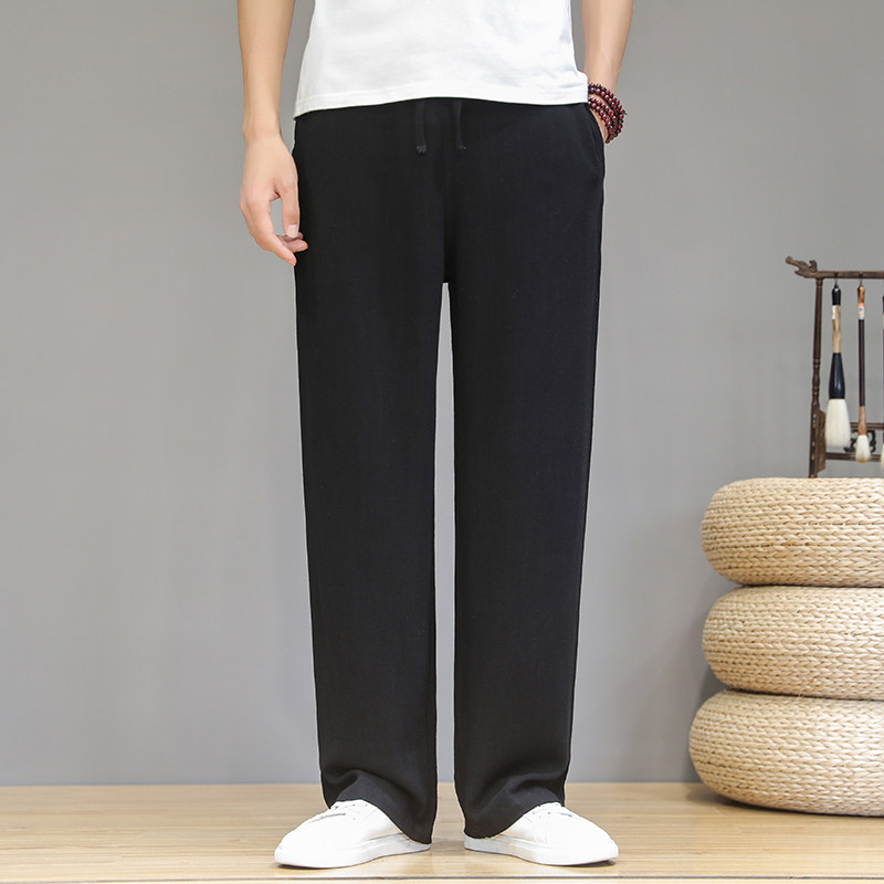 여름 얇은 린넨 바지 남성 중국 스타일의 느슨한 드레이프 코튼과 린넨 통기성 스트레이트 캐주얼 바지 복고풍 바지