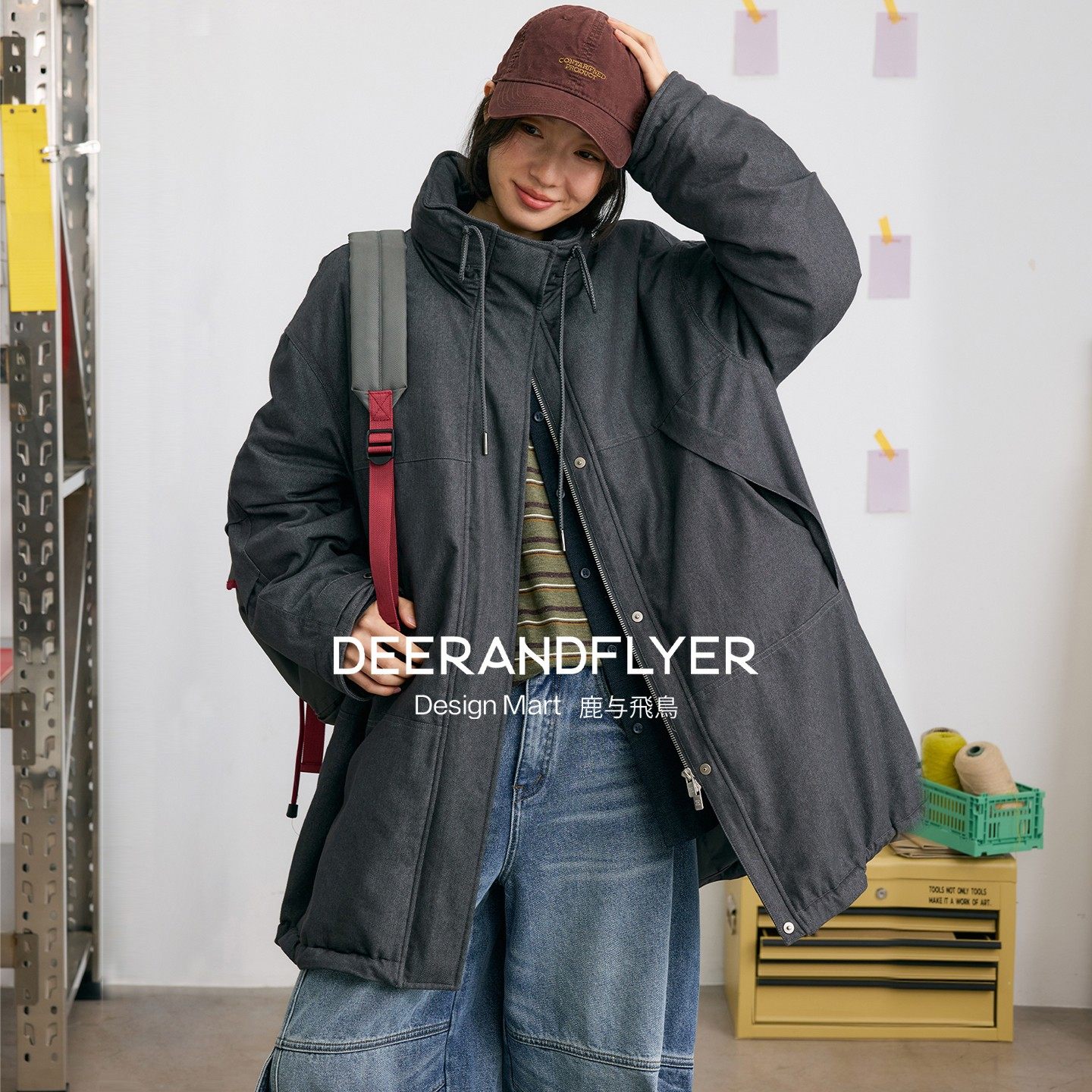 立领中长款仿牛仔棉服外套