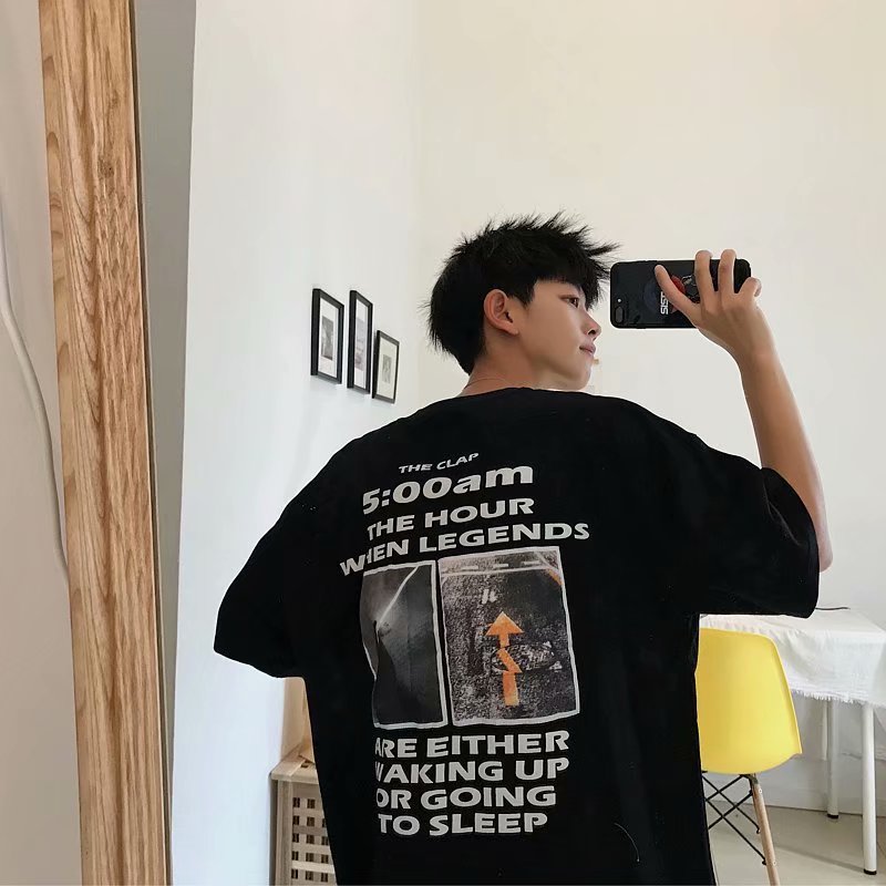 Net Red Short Sleeve T-shirt Male Loose BF Student Hip Hop Tide Ins Hong Kong Wind Chic Half Sleeve Korean Edition Fashion Five Sleeves