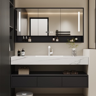 实木酒店风浴室柜岩板无缝一体盆洗漱台洗手池台盆柜洗脸盆柜组合