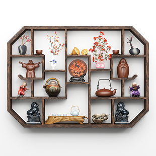壁挂式 博古架实木中式 茶具置物架现代简约墙上多宝阁茶室茶壶摆件