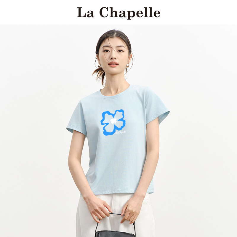 拉夏贝尔/La Chapelle短袖T恤女夏季新款浅黄色印花宽松休闲上衣