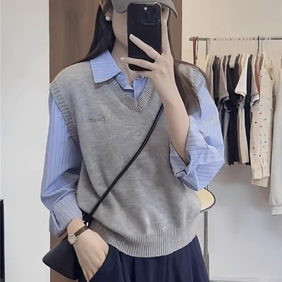 假两件针织背心衬衫上衣女秋季