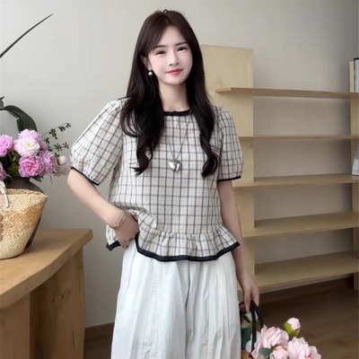 格子衬衫女短袖上衣薄款夏季