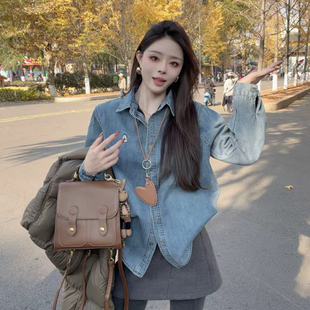 牛仔衬衫女加绒加厚冬季新款2025韩版高级感复古小个子衬衣外套