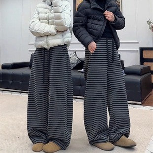 女长裤 卫裤 冬季 高腰直筒休闲弯刀裤 2025新款 加绒加厚条纹阔腿裤