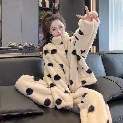 加绒加厚珊瑚绒家居服睡衣套装女