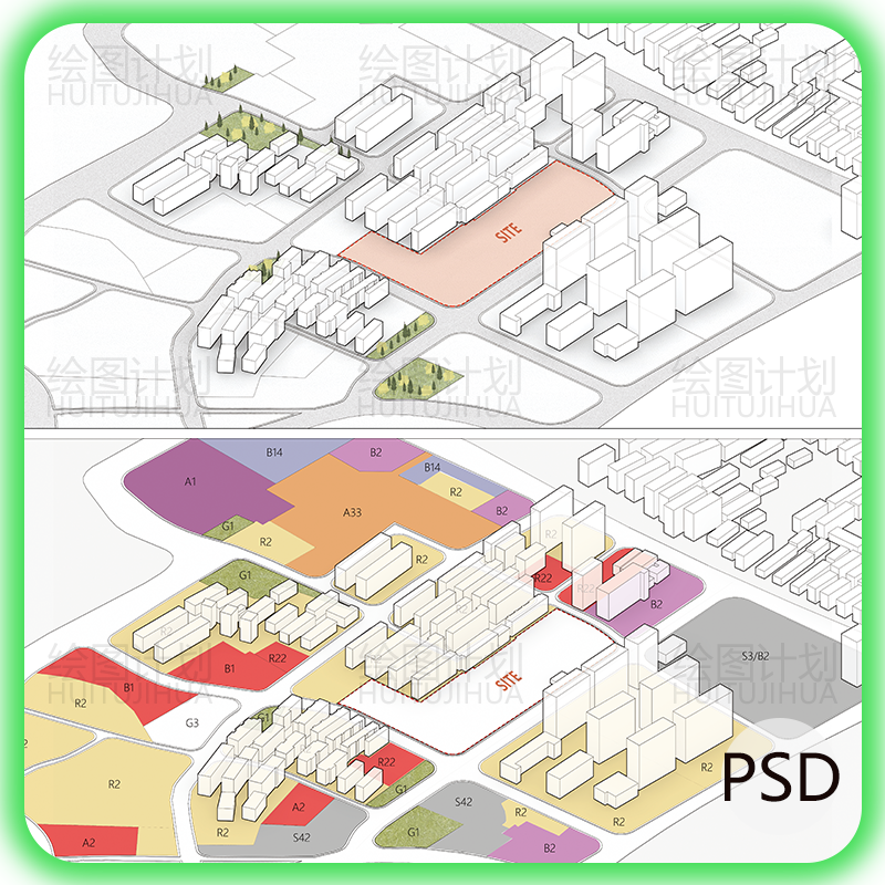 建筑鸟瞰效果图psd 轴测拼贴风城市规划场地简模功能分区体块生成 商务/设计服务 设计素材/源文件 原图主图