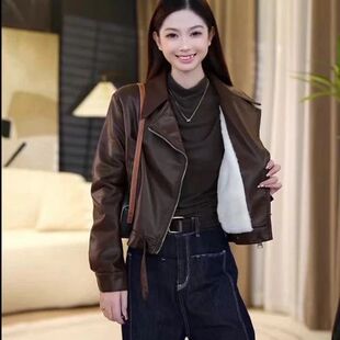 海宁2025皮衣女秋冬新款 机车皮夹克外套 气质加绒加厚宽松显瘦短款