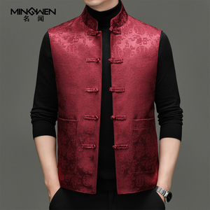 立领唐装羽绒马甲男轻薄款中国风喜庆提花盘扣中式复古装背心外套