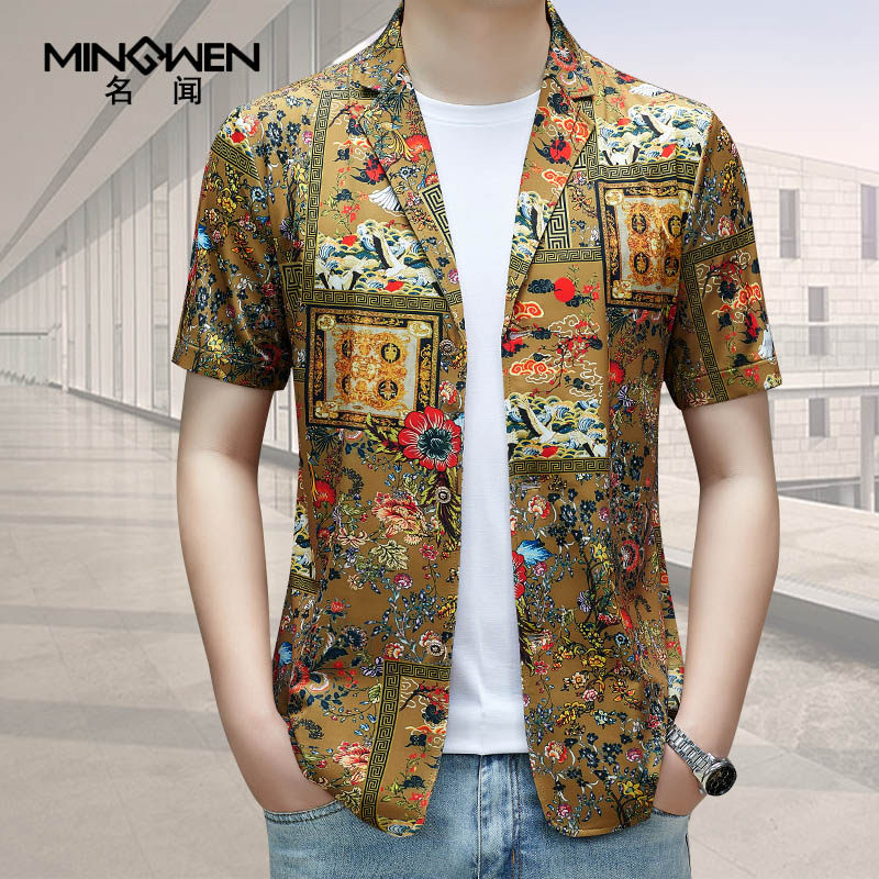 欧洲站短袖小西装男夏季轻薄款潮流痞帅个性印花冰丝休闲西服外套