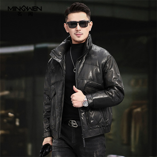 立领真皮皮衣鹅绒服男冬季加厚时尚潮流高级感痞帅印花山羊皮外套