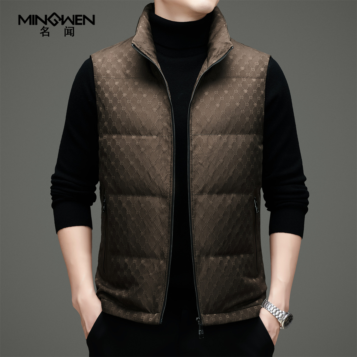 欧洲站印花立领羽绒马甲外套