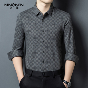 含羊毛长袖衬衫男秋冬保暖时尚潮流高级感痞帅棋盘格印花休闲衬衣